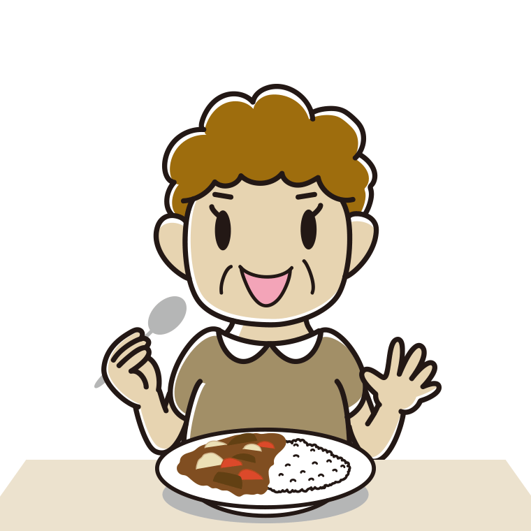 カレーライスを食べるおばさんのイラスト【色あり、背景なし】透過PNG