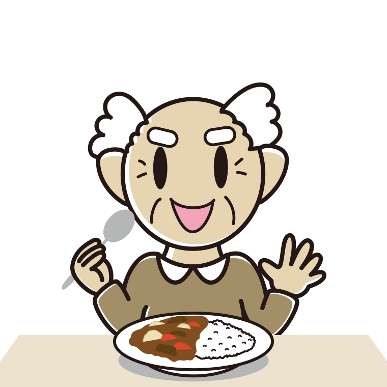 カレーライスを食べるおじいさんのイラスト【色あり、背景なし】透過PNG