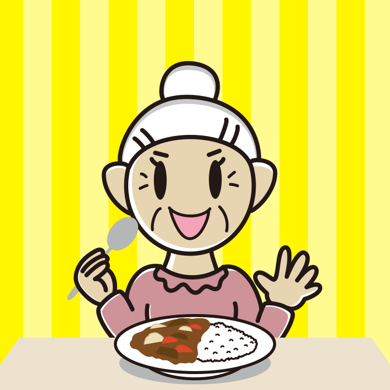 カレーライスを食べるおばあさんのイラスト【色、背景あり】PNG