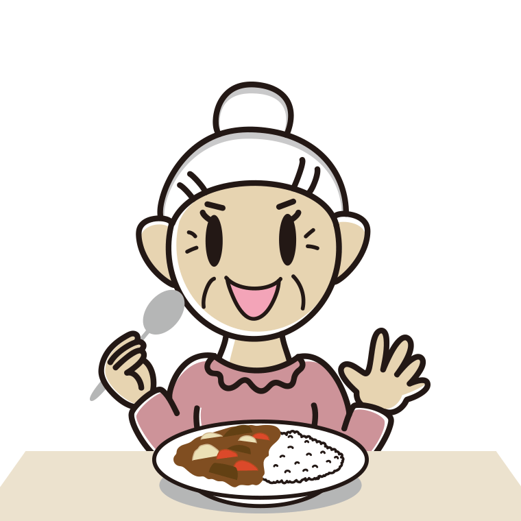 カレーライスを食べるおばあさんのイラスト【色あり、背景なし】透過PNG