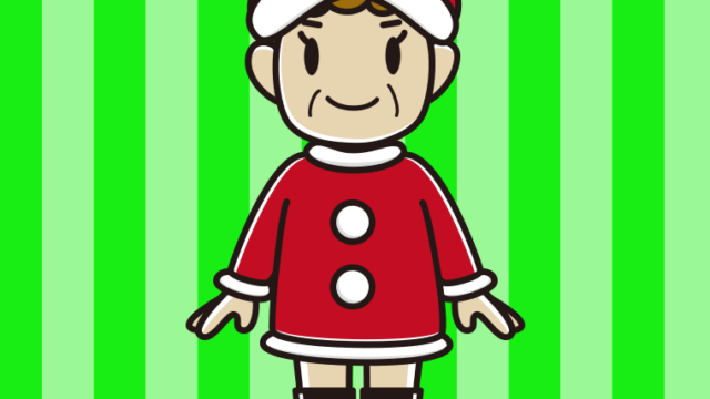 サンタクロースのコスプレをするおばさんのイラスト【色、背景あり】PNG