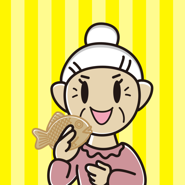 たい焼きを食べるおばあさんのイラスト【色、背景あり】PNG