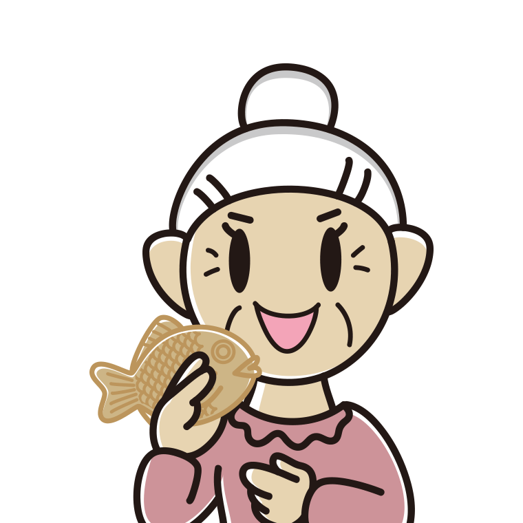 たい焼きを食べるおばあさんのイラスト【色あり、背景なし】透過PNG