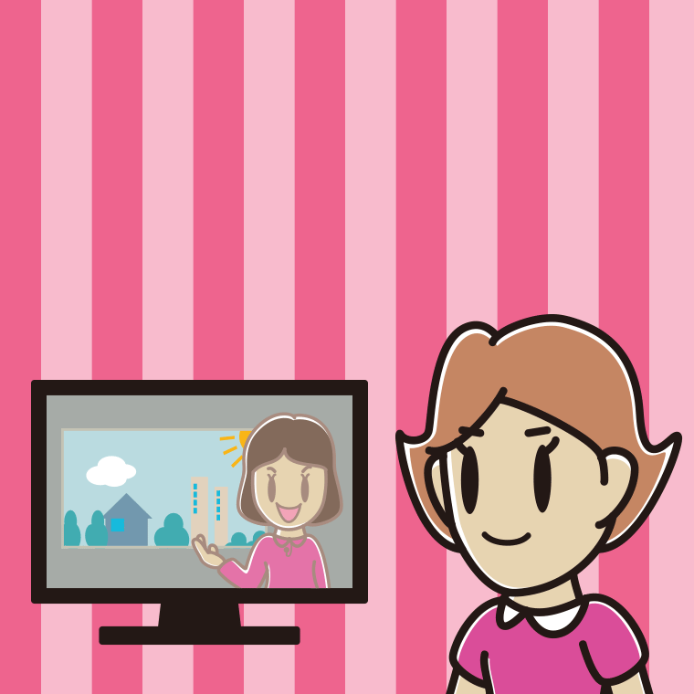 テレビを見る女性のイラスト【色、背景あり】PNG