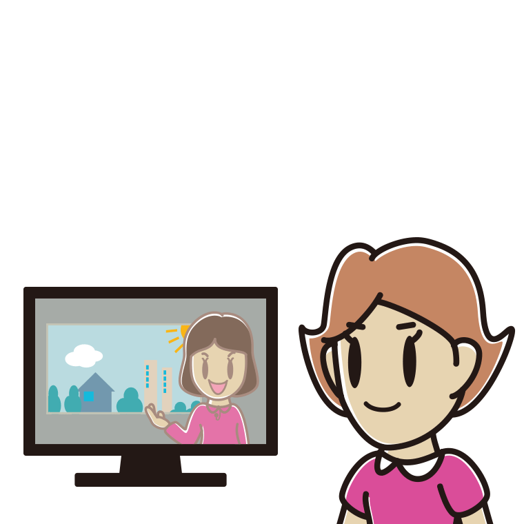 テレビを見る女性のイラスト【色あり、背景なし】透過PNG