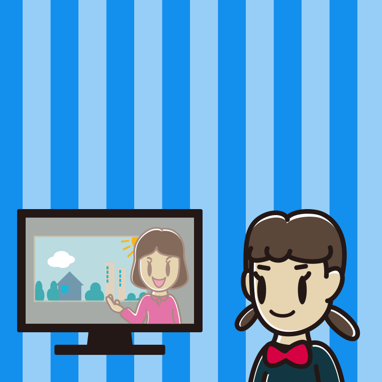 テレビを見る女子中学生のイラスト【色、背景あり】PNG