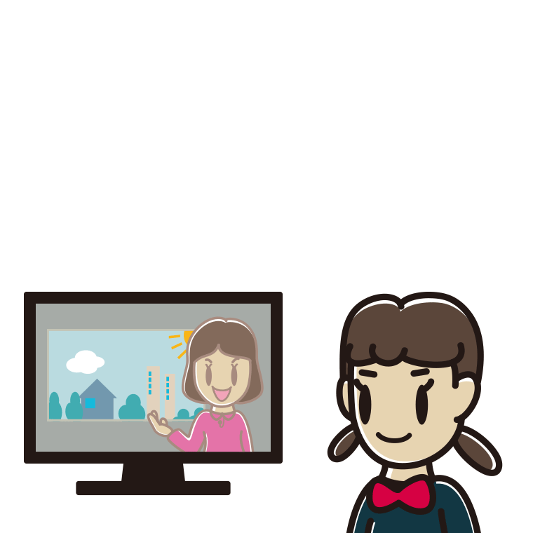 テレビを見る女子中学生のイラスト【色あり、背景なし】透過PNG