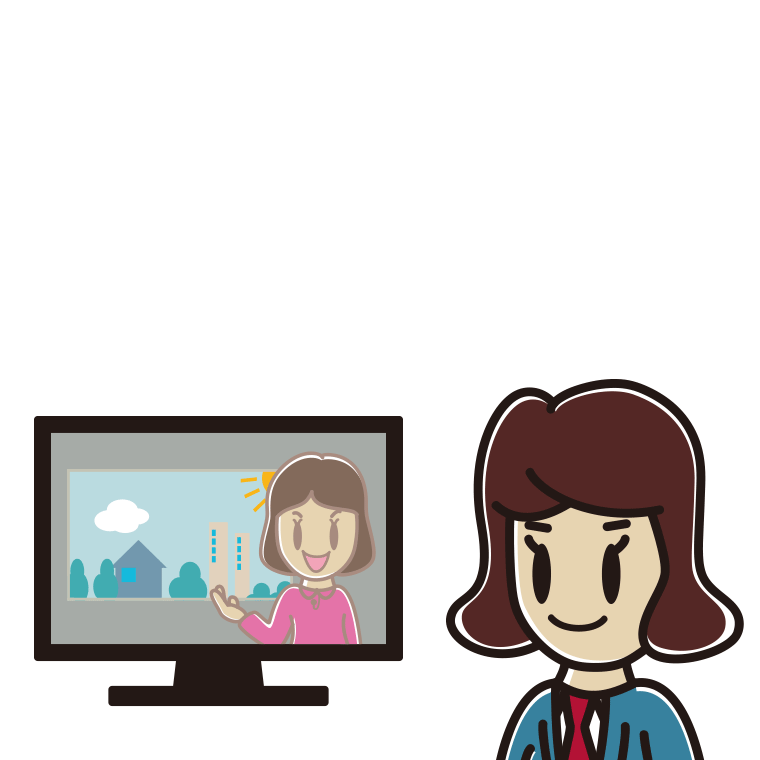 テレビを見る女子高校生のイラスト【色あり、背景なし】透過PNG