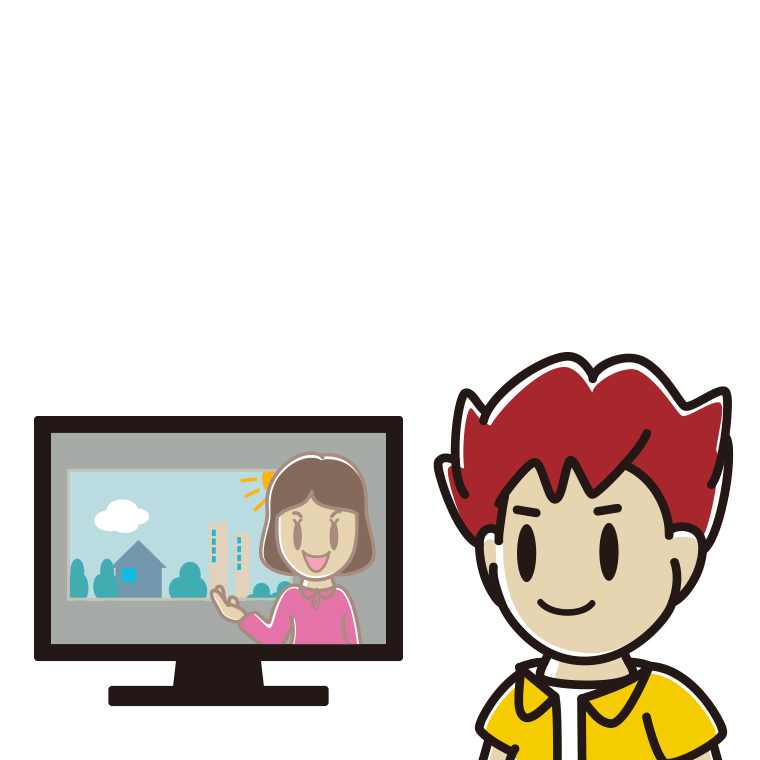 テレビを見る男子大学生のイラスト【色あり、背景なし】透過PNG