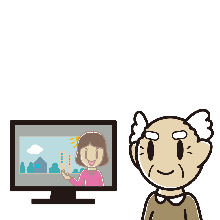 テレビを見るおじいさんのイラスト【色あり、背景なし】透過PNG