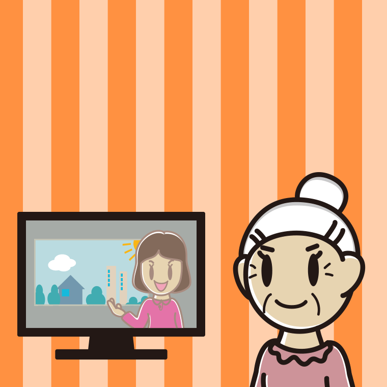 テレビを見るおばあさんのイラスト【色、背景あり】PNG