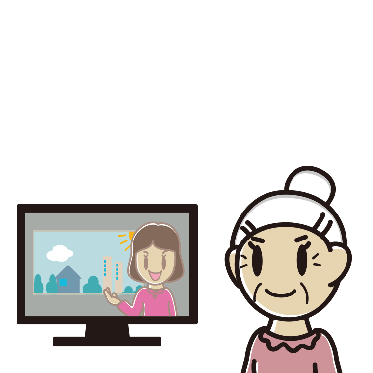 テレビを見るおばあさんのイラスト【色あり、背景なし】透過PNG