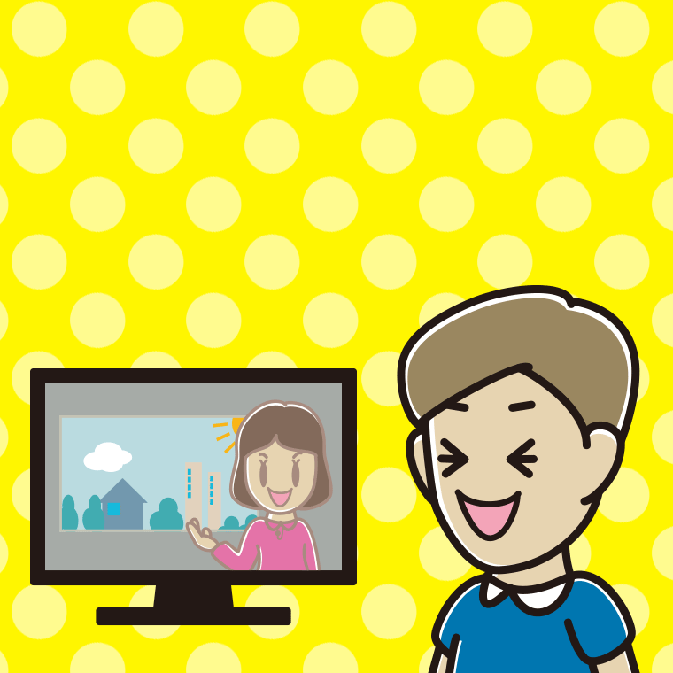 テレビを見て笑う男性のイラスト【色、背景あり】PNG