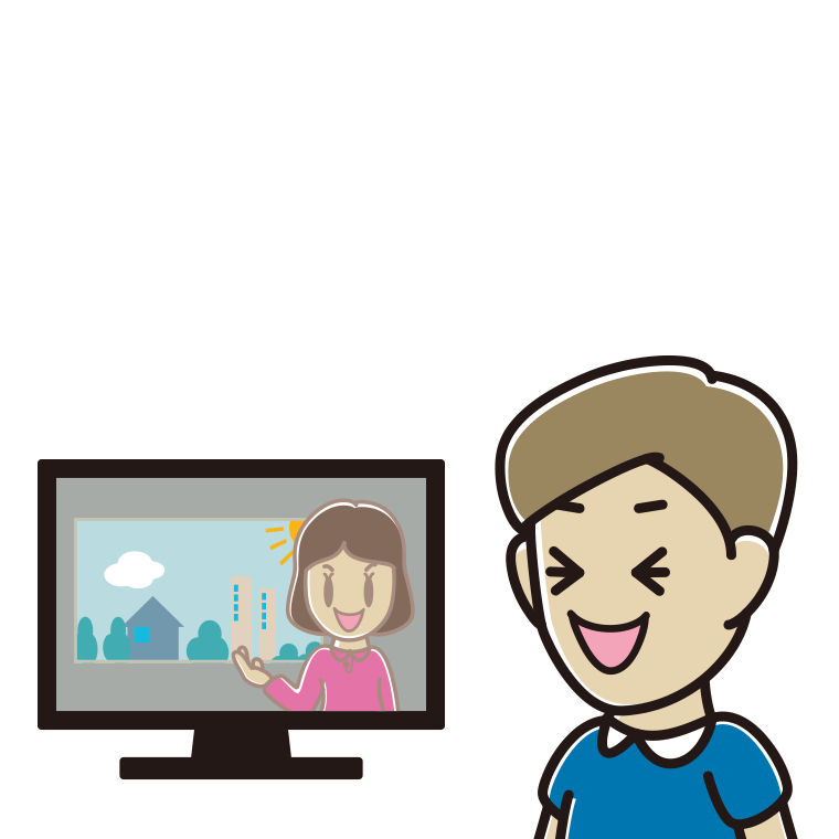 テレビを見て笑う男性のイラスト【色あり、背景なし】透過PNG