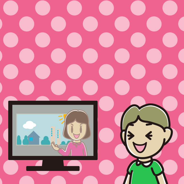 テレビを見て笑う小学生男子のイラスト【色、背景あり】PNG