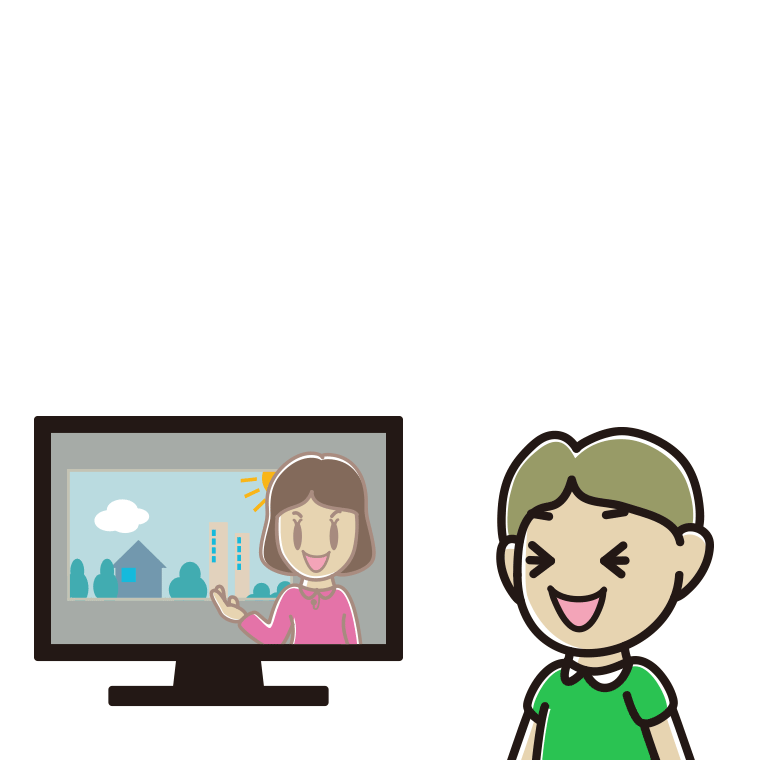 テレビを見て笑う小学生男子のイラスト【色あり、背景なし】透過PNG