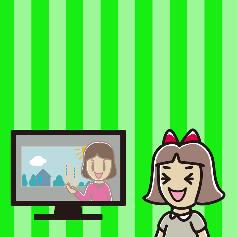 テレビを見て笑う小学生女子のイラスト【色、背景あり】PNG
