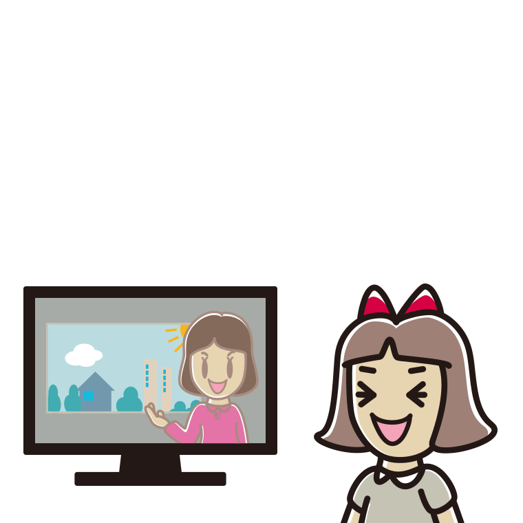 テレビを見て笑う小学生女子のイラスト【色あり、背景なし】透過PNG