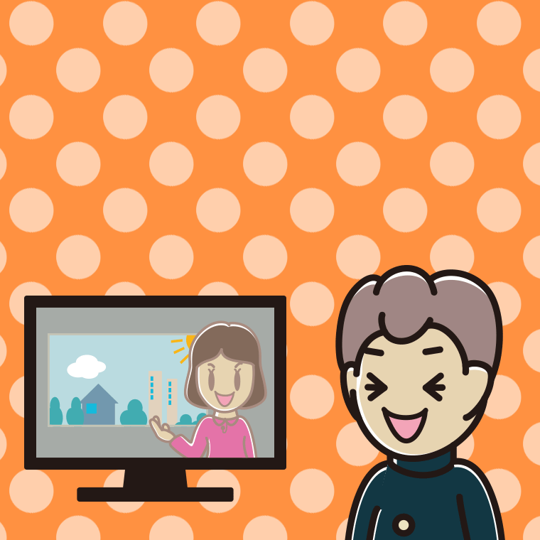 テレビを見て笑う男子中学生のイラスト【色、背景あり】PNG