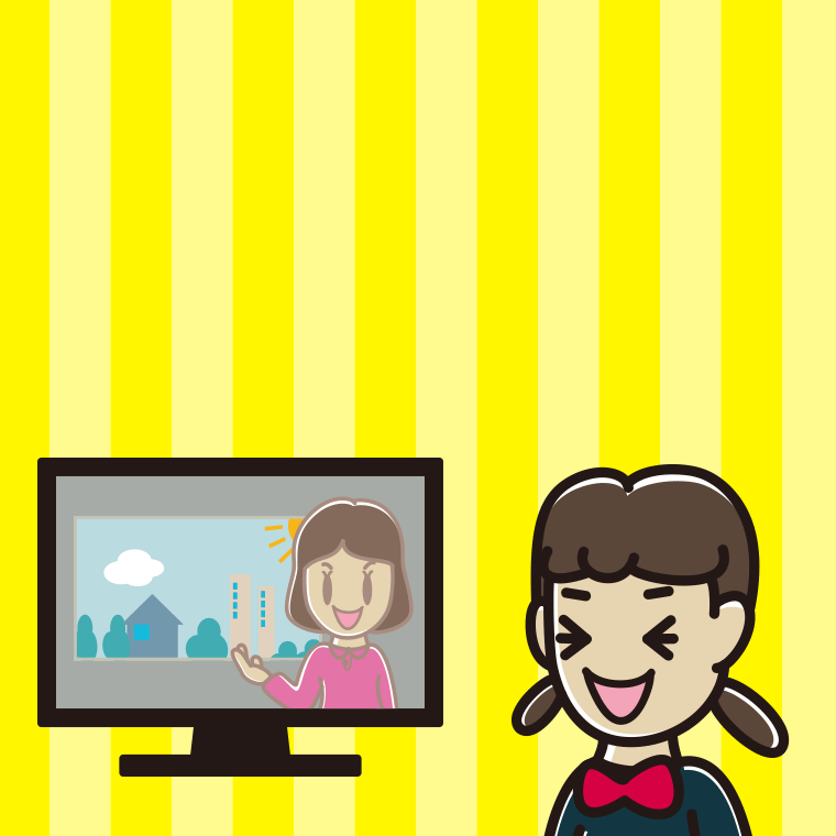 テレビを見て笑う女子中学生のイラスト【色、背景あり】PNG
