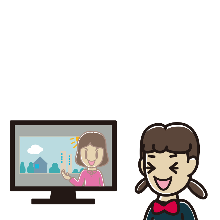 テレビを見て笑う女子中学生のイラスト【色あり、背景なし】透過PNG