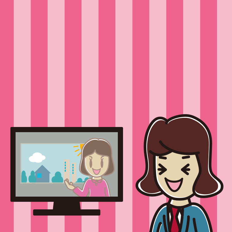 テレビを見て笑う女子高校生のイラスト【色、背景あり】PNG
