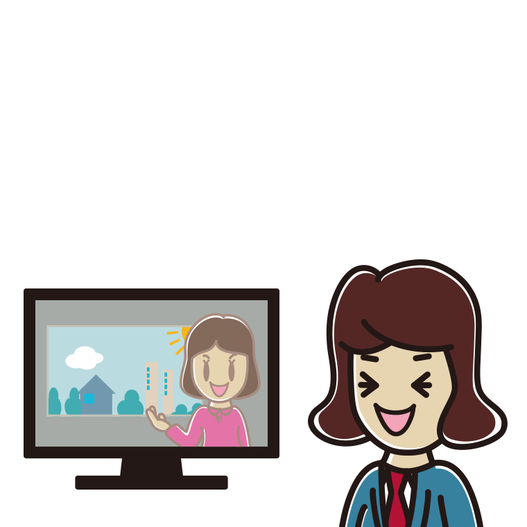 テレビを見て笑う女子高校生のイラスト【色あり、背景なし】透過PNG