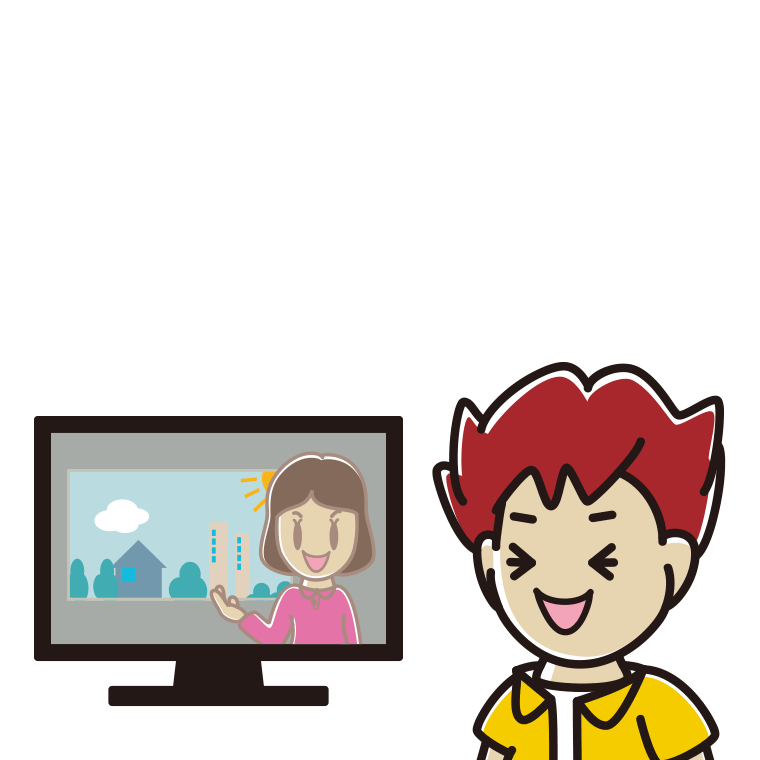 テレビを見て笑う男子大学生のイラスト【色あり、背景なし】透過PNG