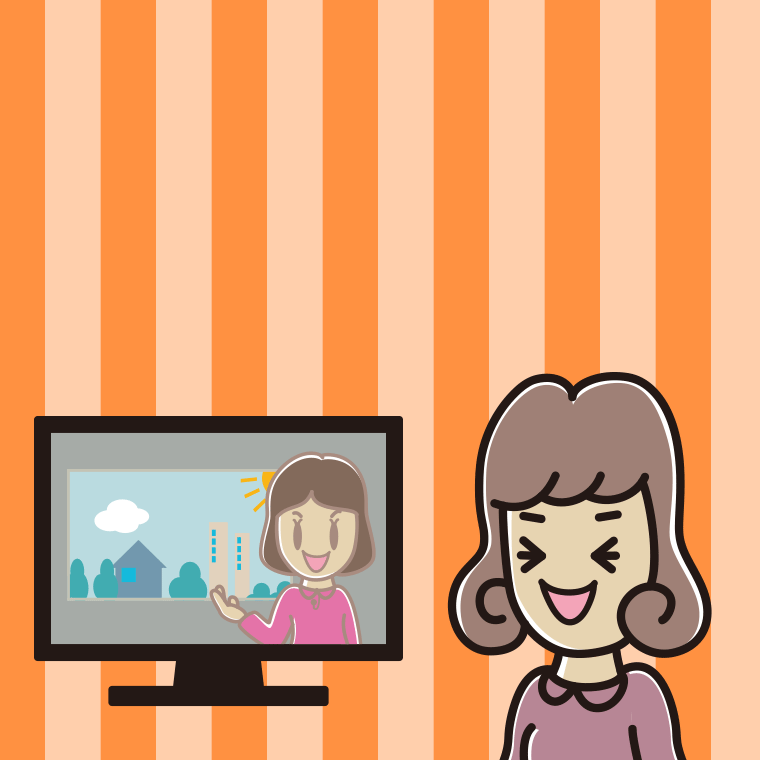 テレビを見て笑う女子大学生のイラスト【色、背景あり】PNG