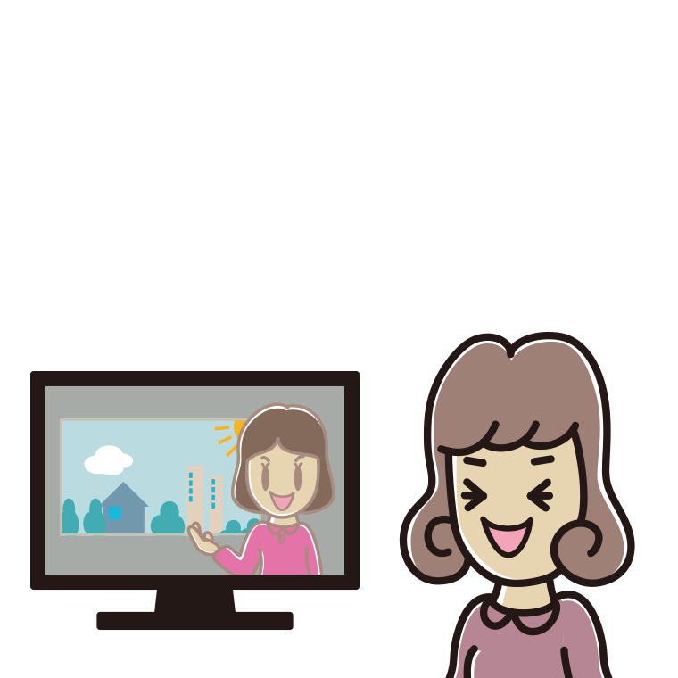 テレビを見て笑う女子大学生のイラスト【色あり、背景なし】透過PNG