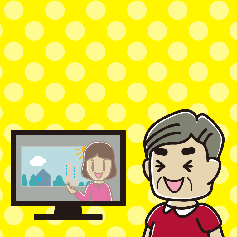 テレビを見て笑うおじさんのイラスト【色、背景あり】PNG