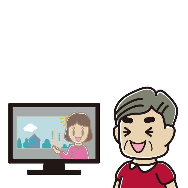 テレビを見て笑うおじさんのイラスト【色あり、背景なし】透過PNG