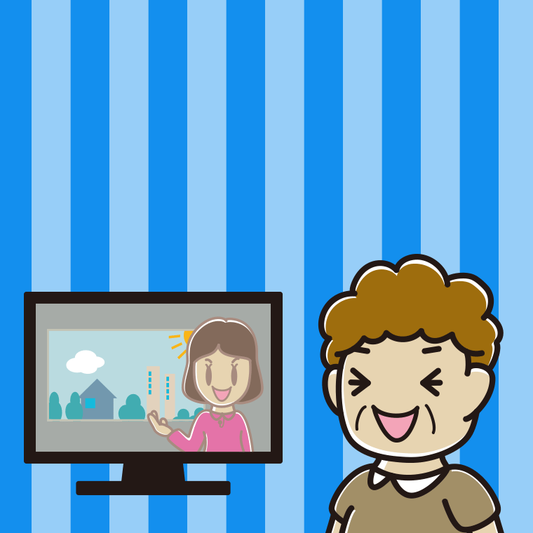 テレビを見て笑うおばさんのイラスト【色、背景あり】PNG