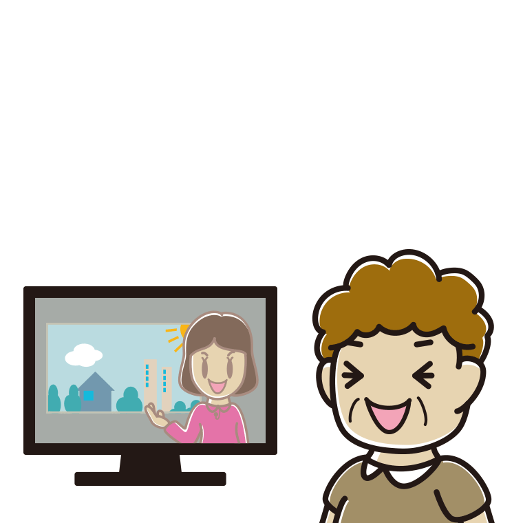 テレビを見て笑うおばさんのイラスト【色あり、背景なし】透過PNG