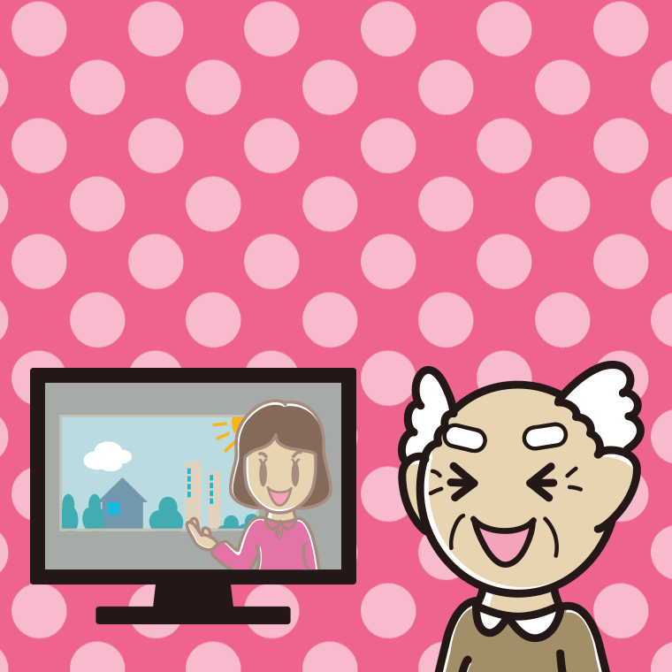 テレビを見て笑うおじいさんのイラスト【色、背景あり】PNG