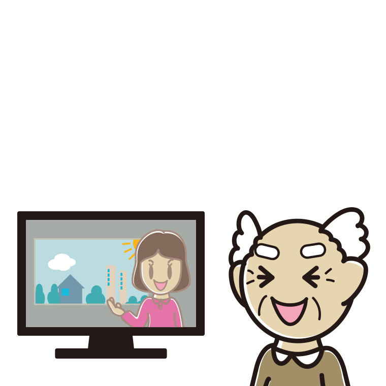 テレビを見て笑うおじいさんのイラスト【色あり、背景なし】透過PNG