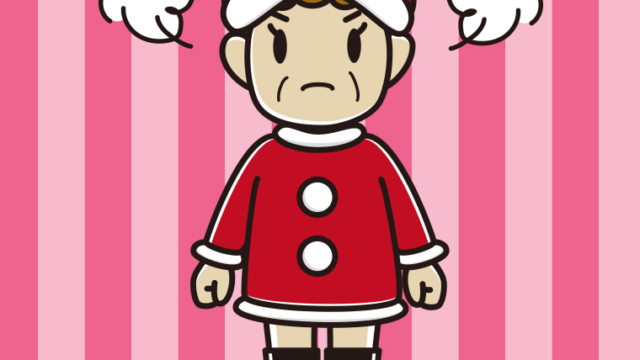 怒るサンタ姿のおばさんのイラスト【色、背景あり】PNG