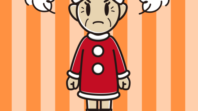 怒るサンタ姿のおばあさんのイラスト【色、背景あり】PNG