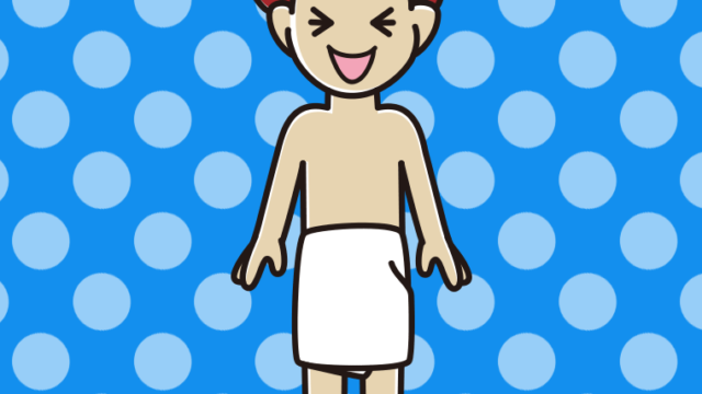 笑うバスタオル姿の男子大学生のイラスト【色、背景あり】PNG