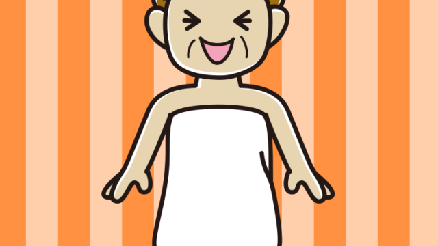 笑うバスタオル姿のおばさんのイラスト【色、背景あり】PNG