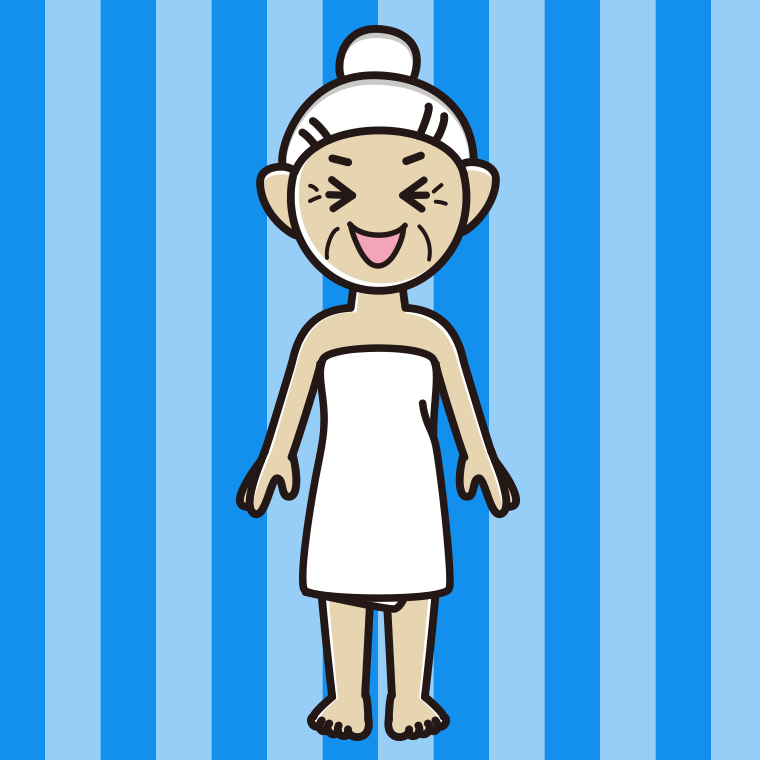 笑うバスタオル姿のおばあさんのイラスト【色、背景あり】PNG