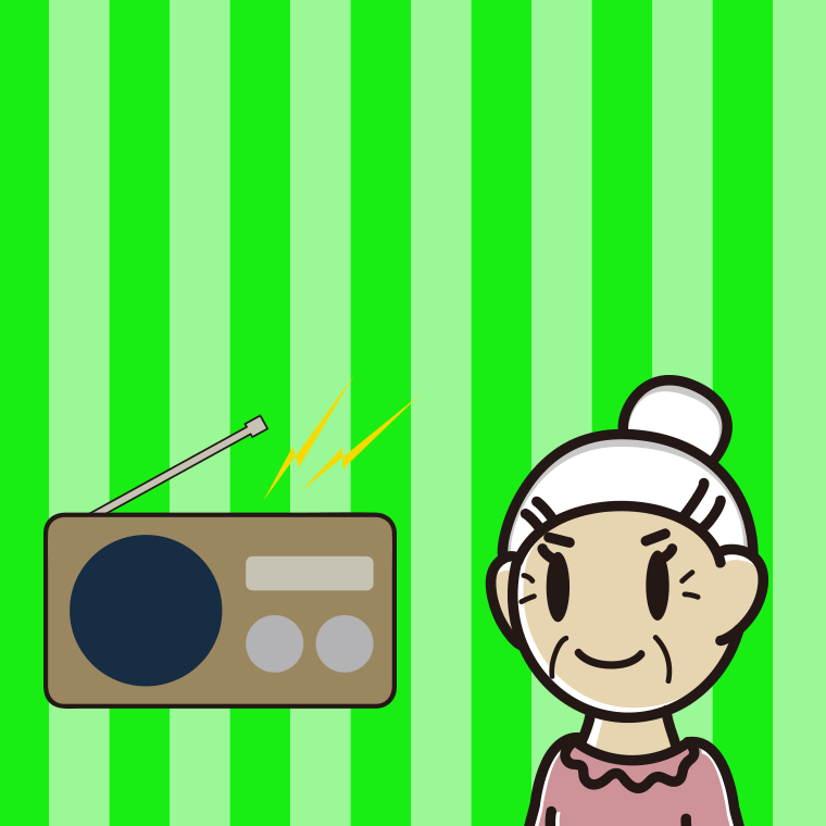 ラジオを聴くおばあさんのイラスト【色、背景あり】PNG