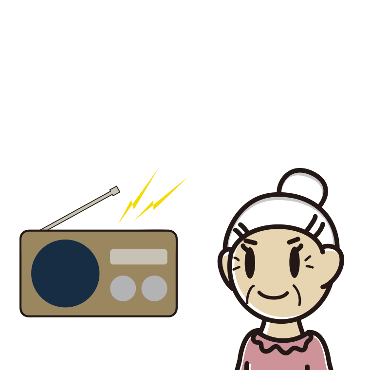 ラジオを聴くおばあさんのイラスト【色あり、背景なし】透過PNG