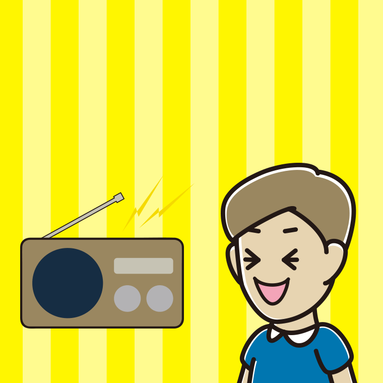 ラジオを聴いて笑う男性のイラスト【色、背景あり】PNG