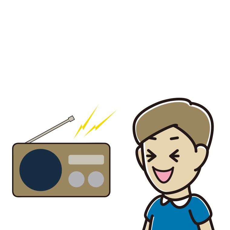 ラジオを聴いて笑う男性のイラスト【色あり、背景なし】透過PNG