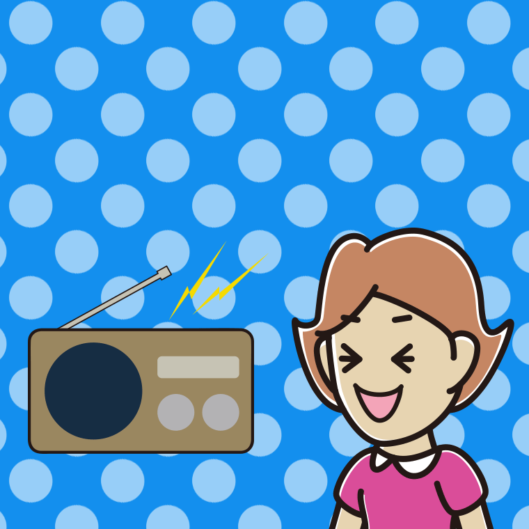 ラジオを聴いて笑う女性のイラスト【色、背景あり】PNG