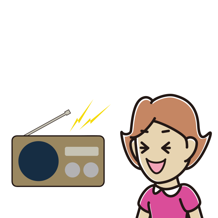ラジオを聴いて笑う女性のイラスト【色あり、背景なし】透過PNG
