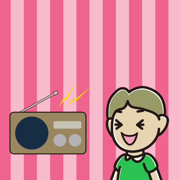 ラジオを聴いて笑う小学生男子のイラスト【色、背景あり】PNG