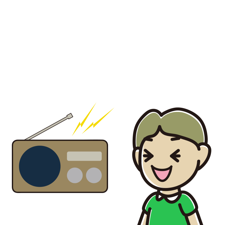 ラジオを聴いて笑う小学生男子のイラスト【色あり、背景なし】透過PNG