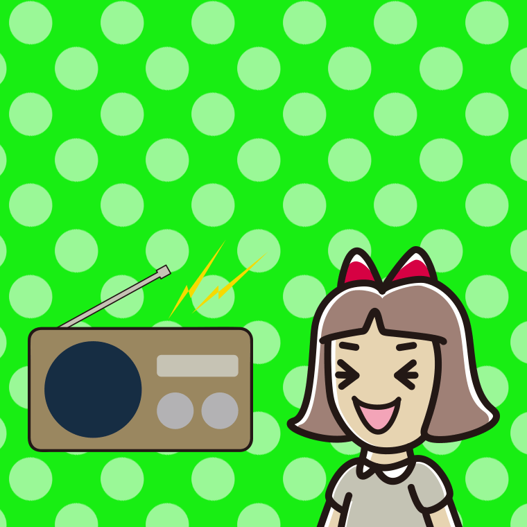 ラジオを聴いて笑う小学生女子のイラスト【色、背景あり】PNG